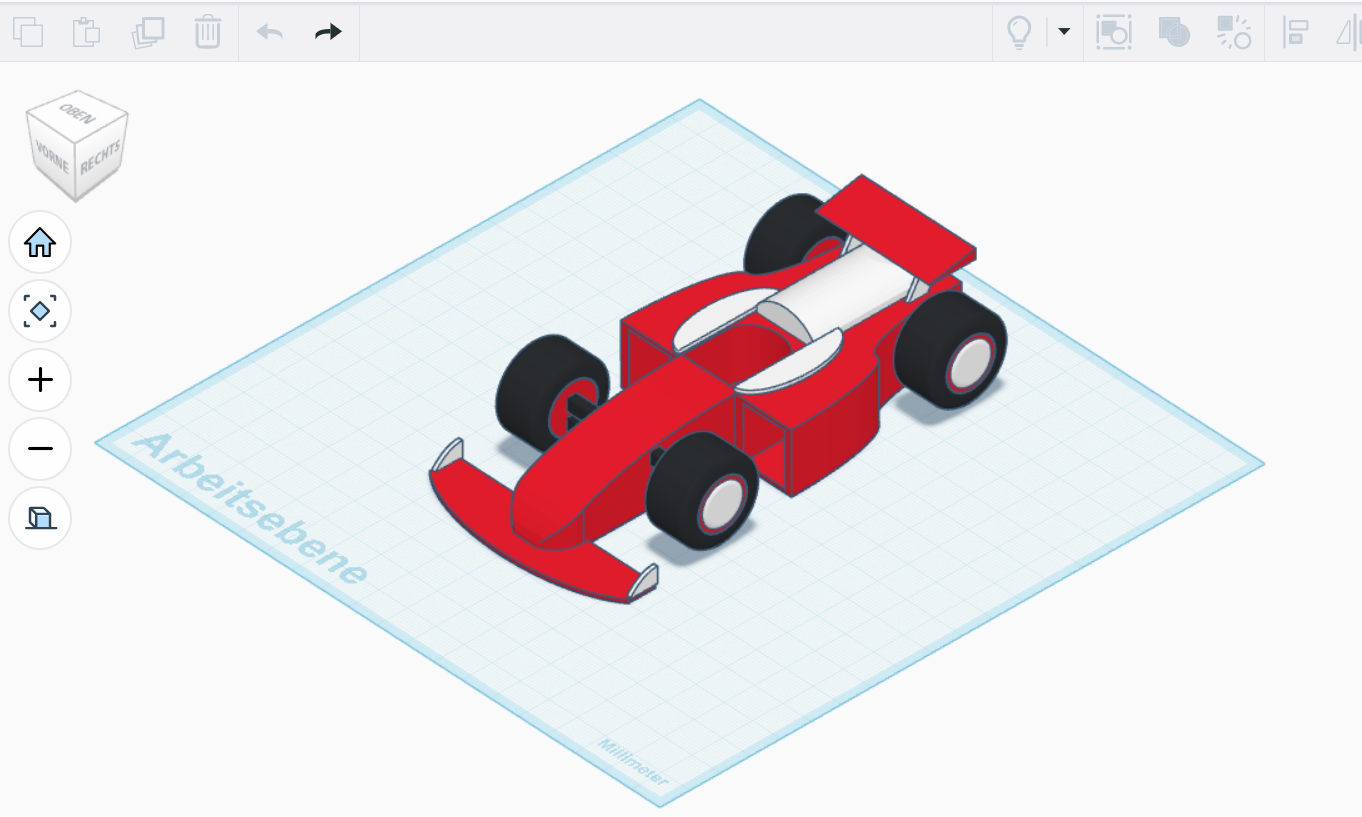 Screenshot vom F1-Auto-Design im Programm Tinkercad